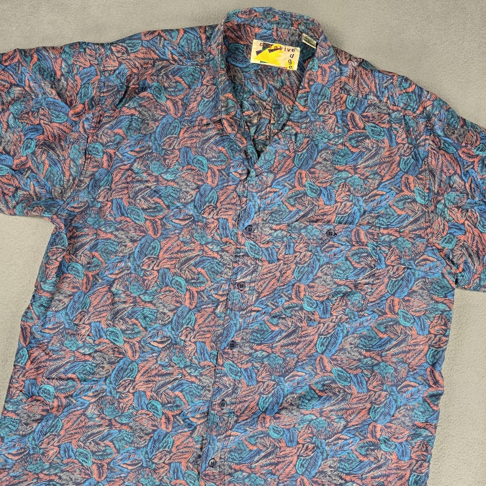 Vintage Creative Edge Shirt Men XL Blue Silk Leaf Print Hawaiian Button Up Party
